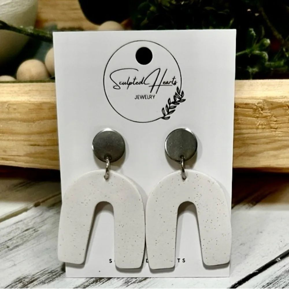 Handmade Sculpted Hearts White Arch Polymer Clay Earrings. New